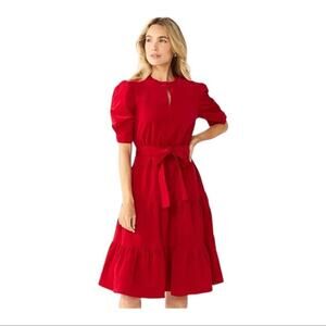 Draper James Red Tie Front Midi Dress with Puff Sleeves NWT